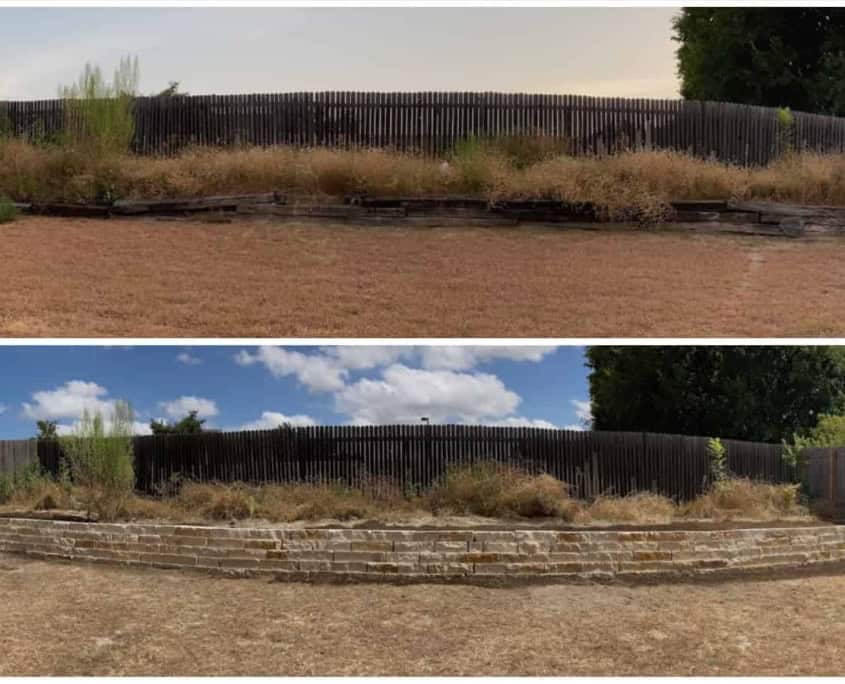 failed railroad tie retaining wall (top) and rebuilt stone block wall (bottom)