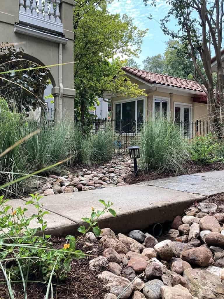 a dry creek for drainage with a sidewalk bridge, surrounded by plantings 